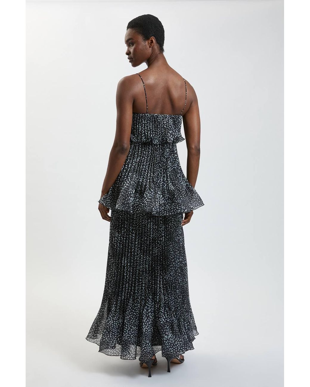Karen Millen Black Spot Print Pleated Slub Organdie Peplum Woven Maxi Dress