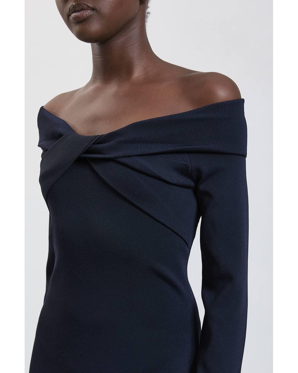 Karen Millen Blue Twist Front Viscose Knitted Bardot Midi Dress