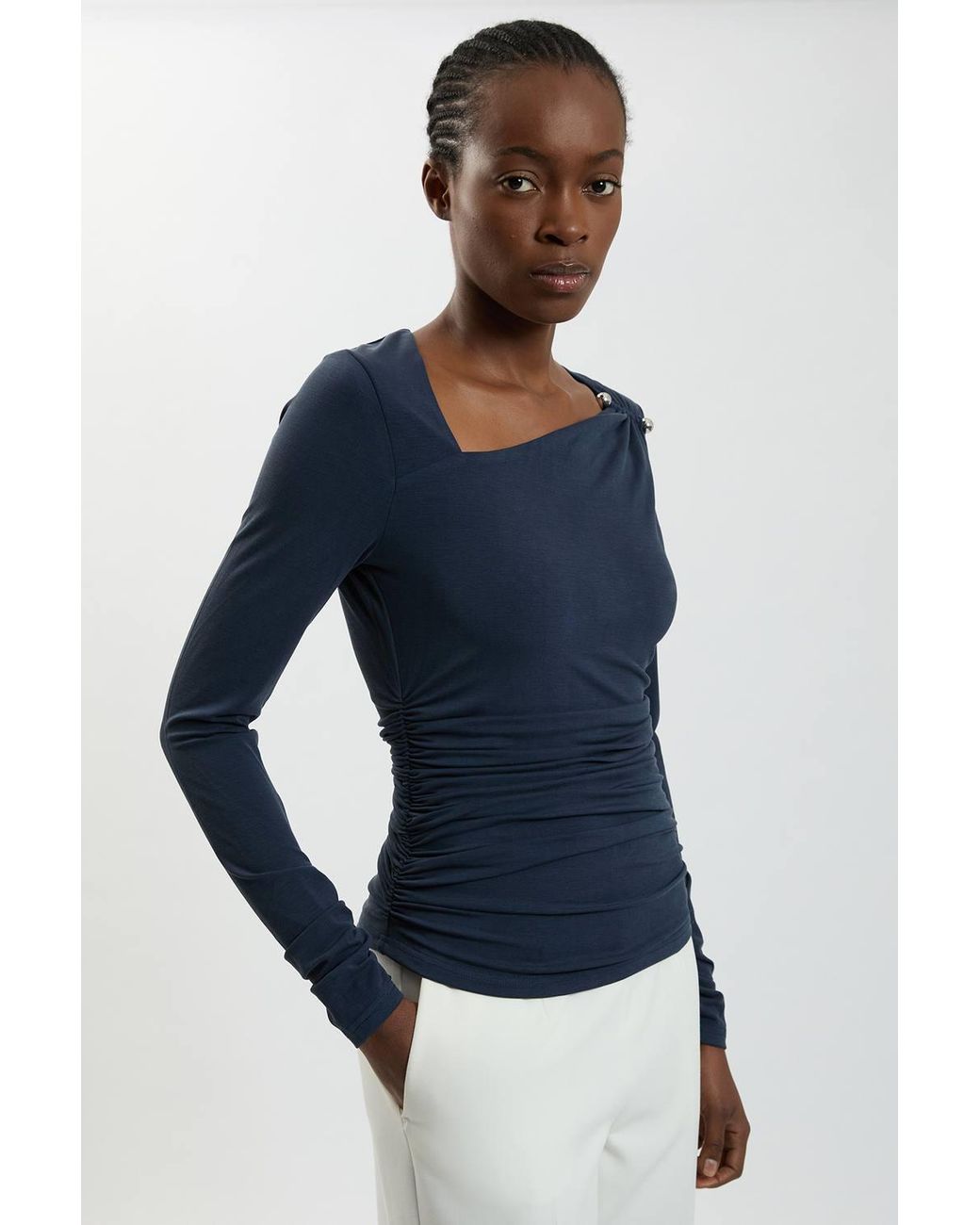 Karen Millen Blue Viscose Metal Clasp Detail Jersey Top