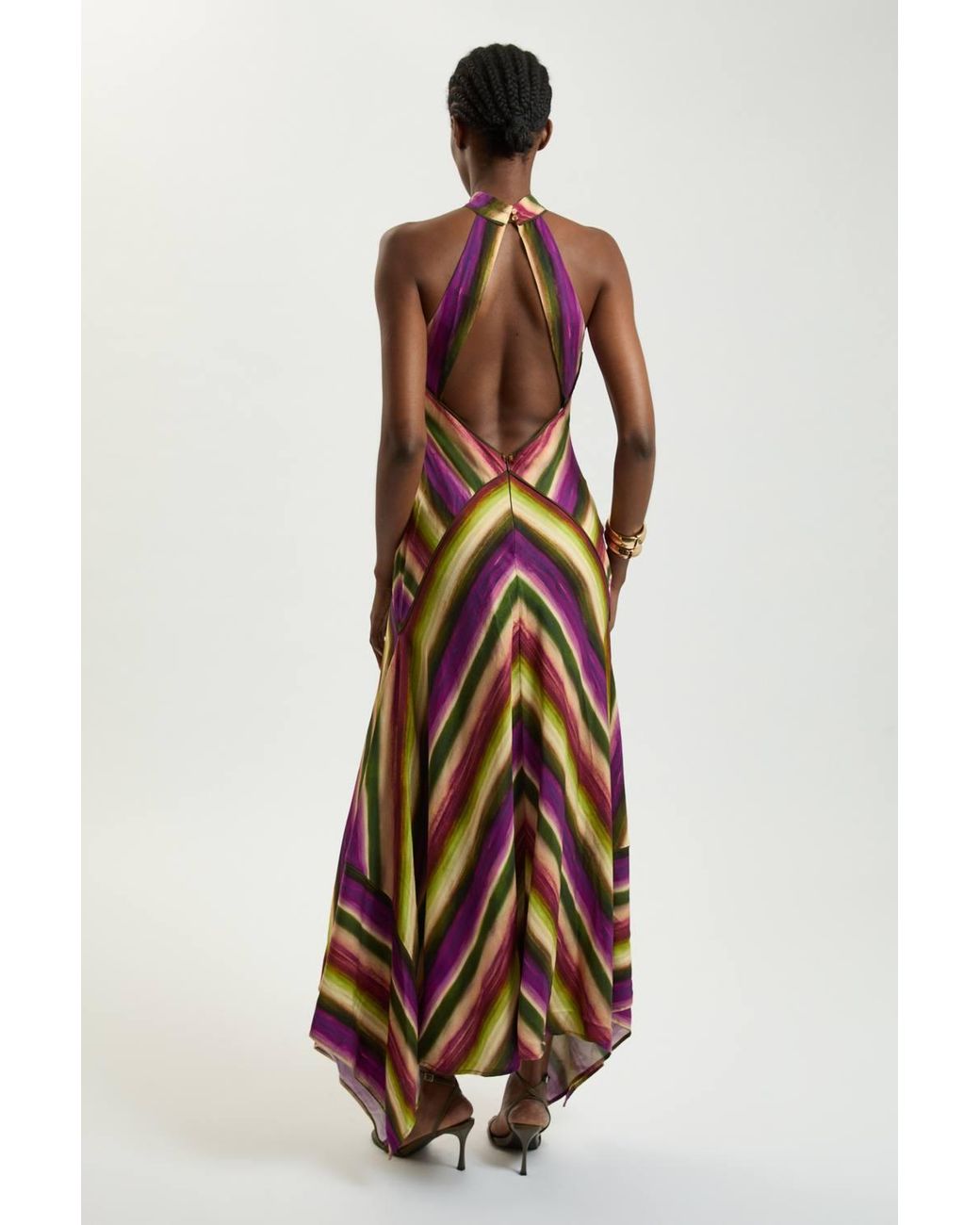 Karen Millen Purple Petite Multi Fluid Stripe Cotton Mix Woven Halter Dress