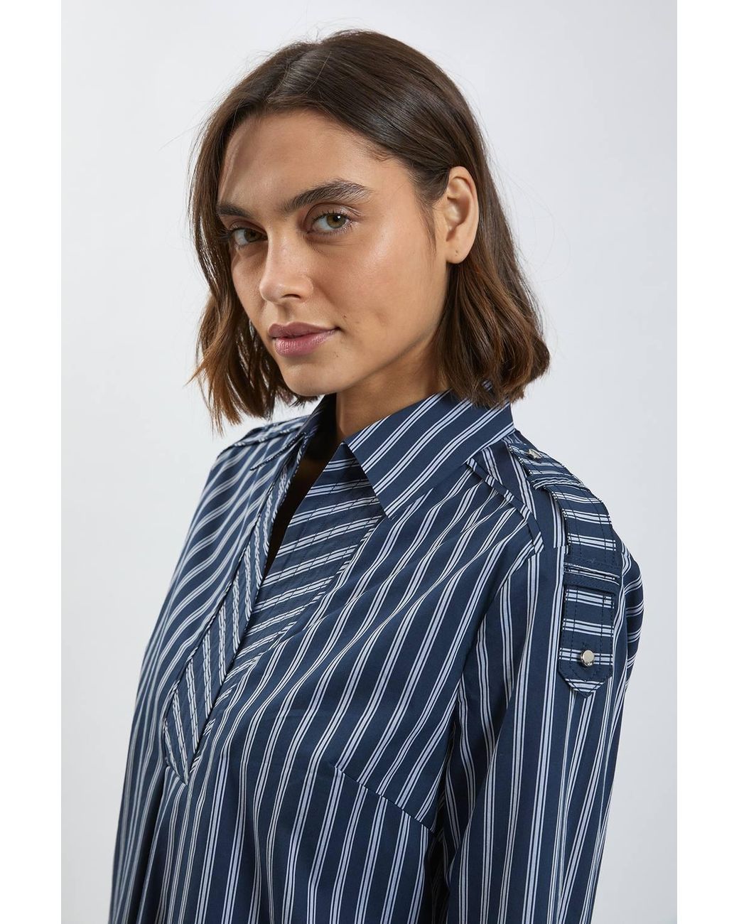 Karen Millen Blue Forever Boxy Cotton Placket Detail Woven Shirt