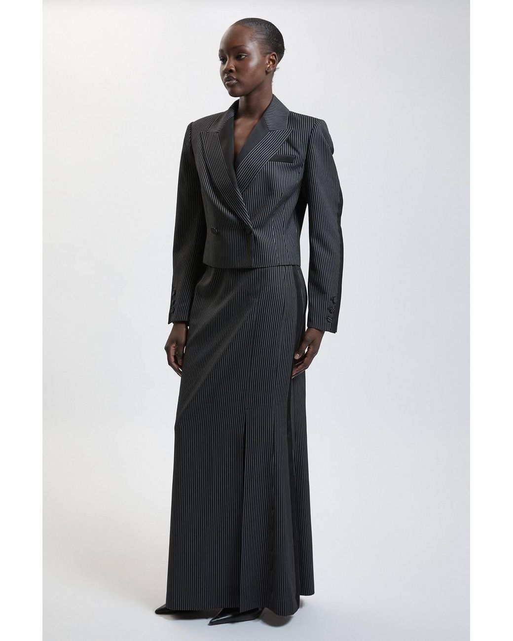 Karen Millen Black Pinstripe Satin Mix Tailored Maxi Skirt