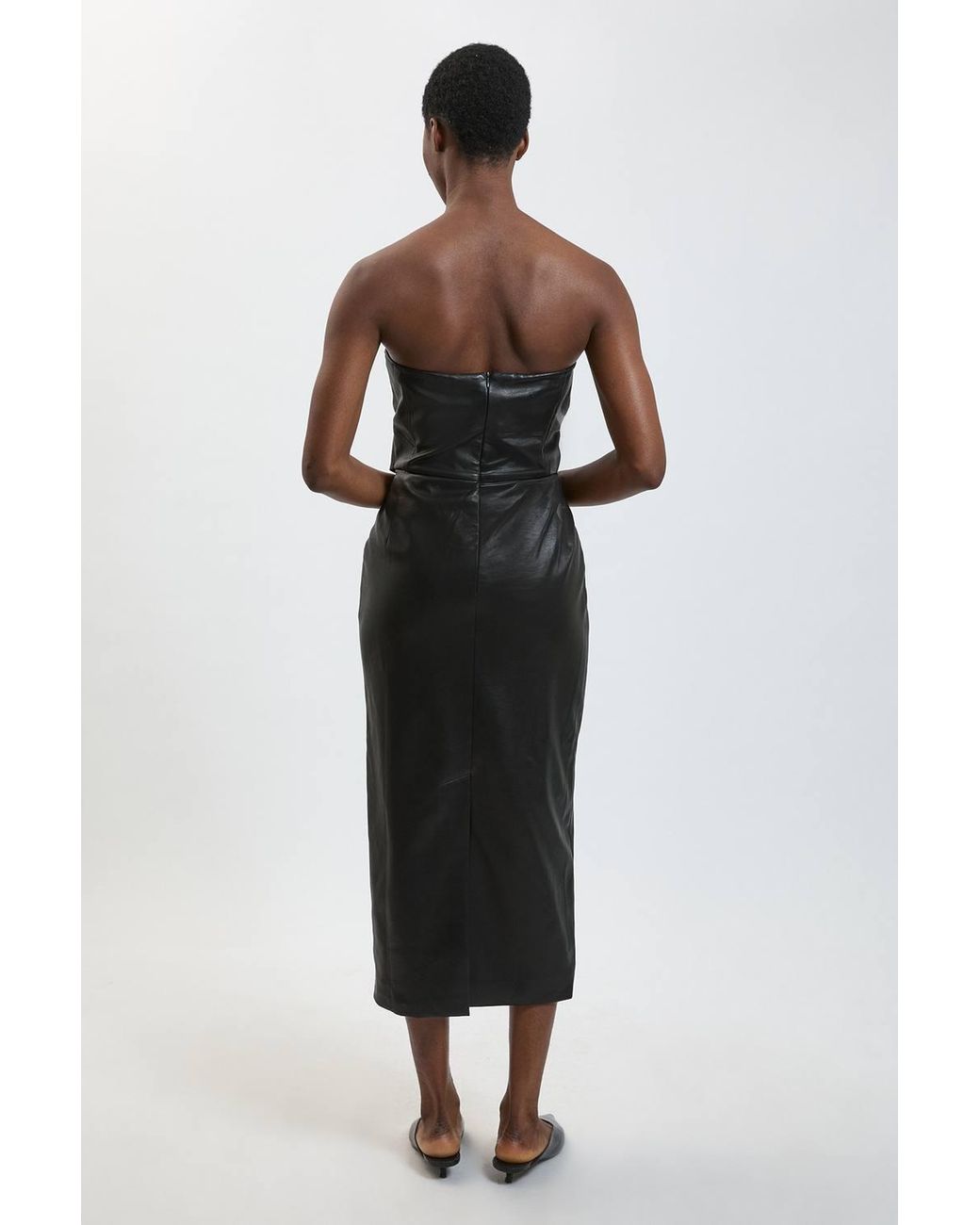 Karen Millen Black Faux Leather Belted Bandeau Midi Dress