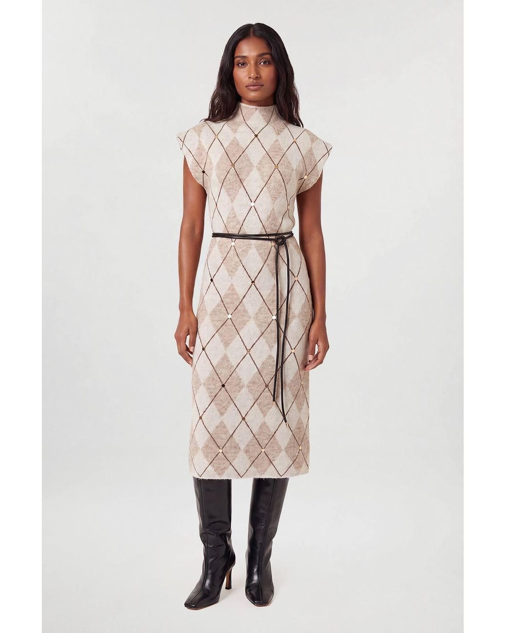 Karen Millen Natural Studded Argyle Wool Blend Cosy Knit Belted Midi Dress