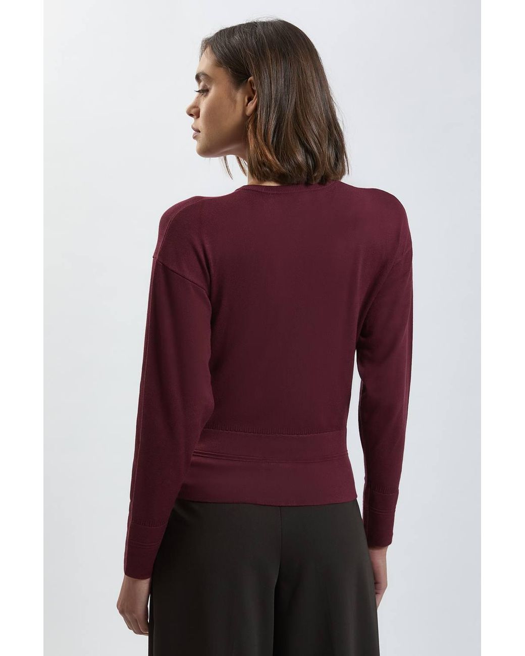 Karen Millen Purple Forever Viscose Blend Knitted Stitch Detail Balloon Sleeve Cardigan Sweater