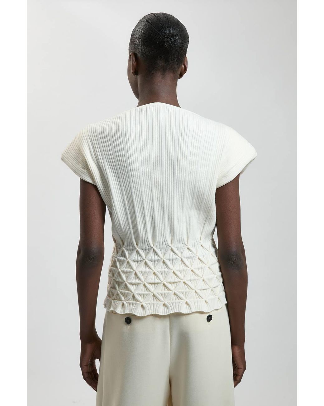 Karen Millen Natural Ribbed Knit Power Shoulder Top With Manipulated Stitch Detail