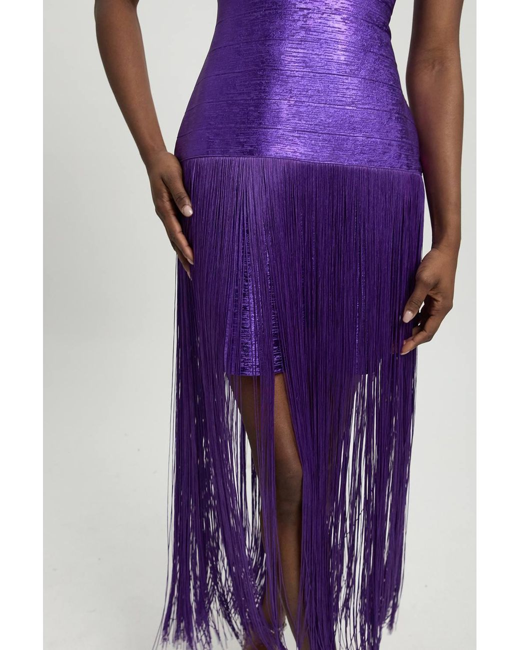 Karen Millen Purple Foil Metallic Figure Form Bandage Angel Sleeve Fringe Knit Maxi Dress