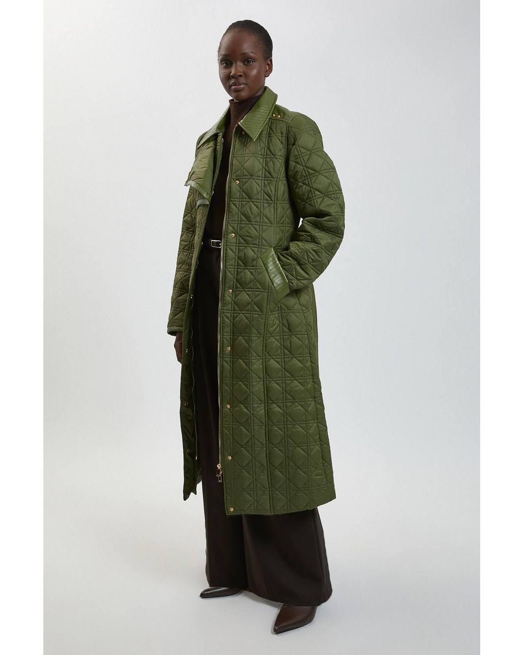 Karen Millen Green Quilted & Pu Mix Belted Padded Midi Coat