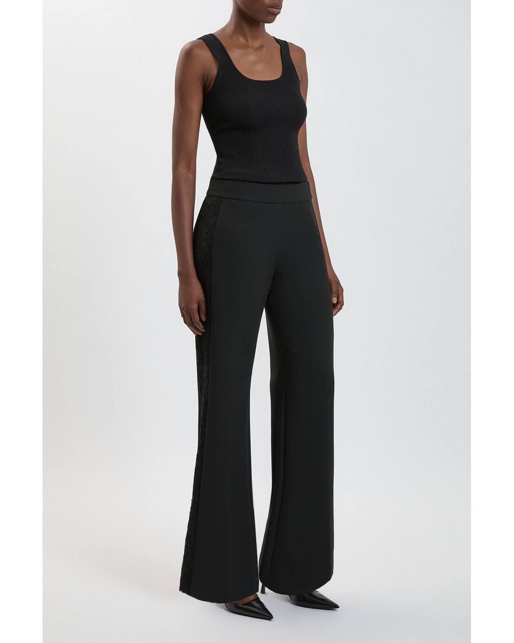 Karen Millen Black Compact Stretch Lace Mix Tailored Wide Leg Trouser