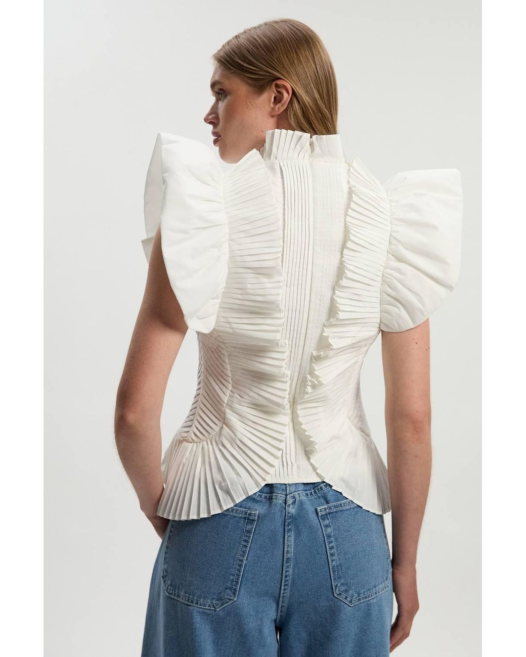 Karen Millen White Pleated Ruffle Sleeve Woven Top