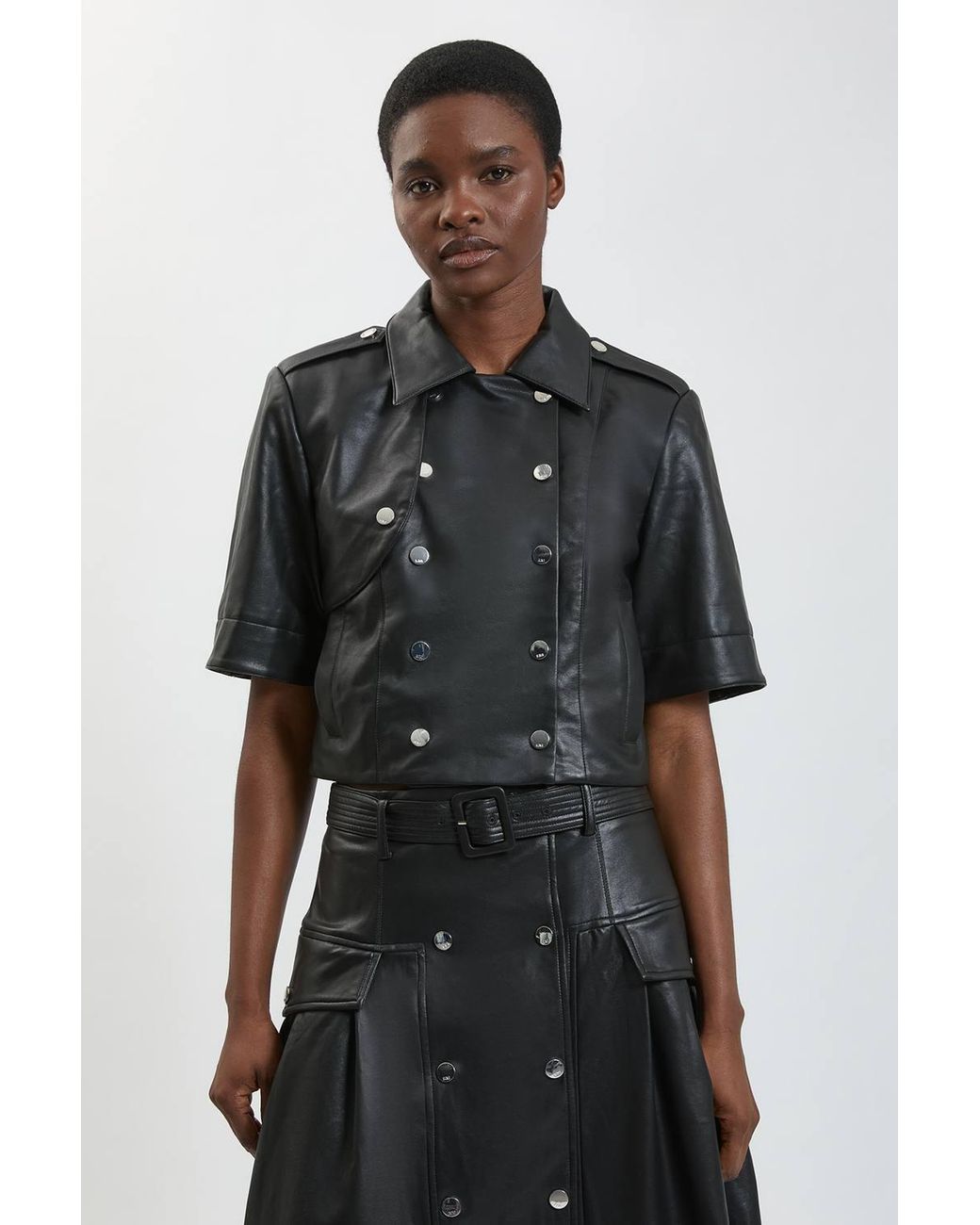 Karen Millen Black Faux Leather Cropped Trench Jacket