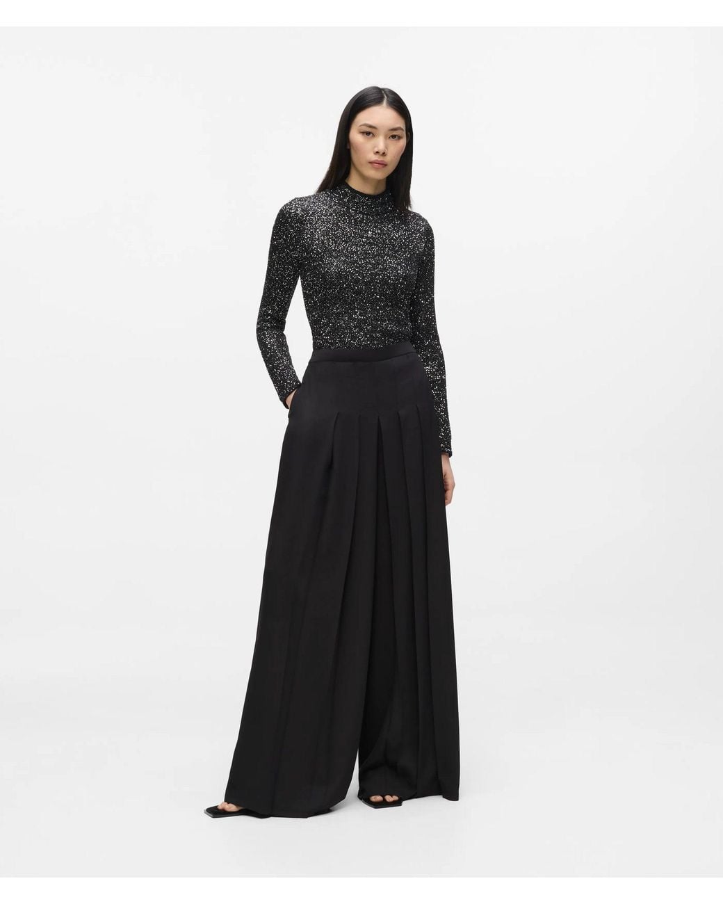 Karl Lagerfeld Black Pleated Wide-Leg Pants