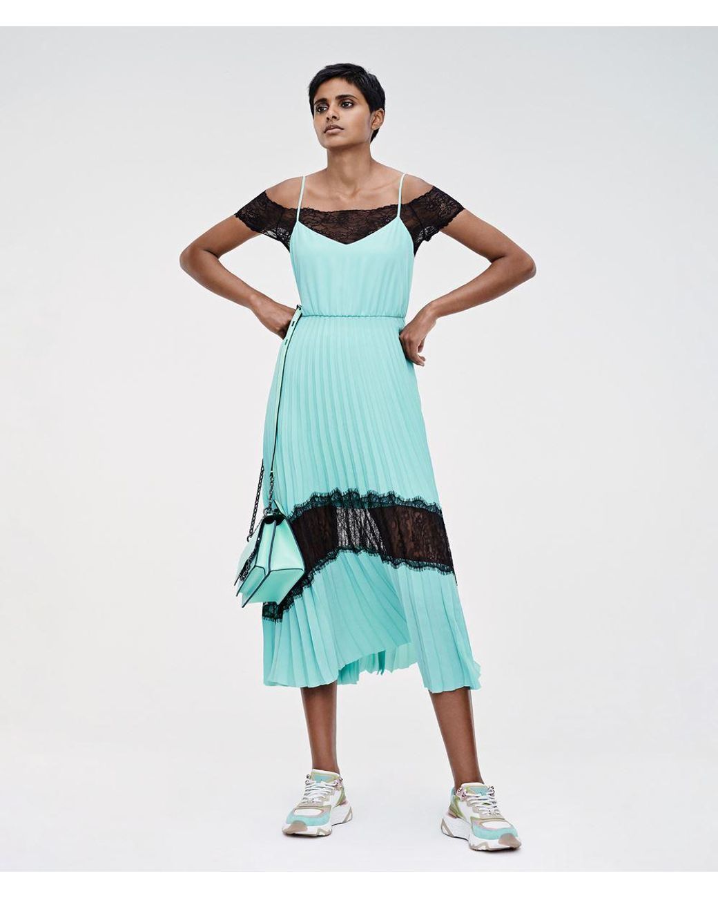 Karl Lagerfeld Pleated Lace Midi Dress in Blue - Lyst