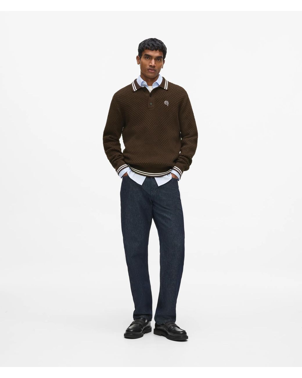Karl Lagerfeld Brown Ikon Long-Sleeved Knit Polo Shirt for men