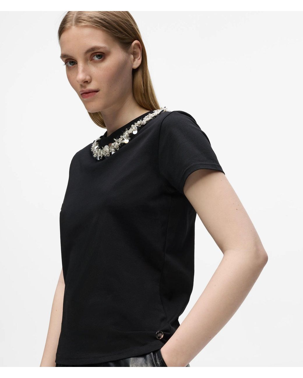 Karl Lagerfeld Black Beaded Collar T-Shirt