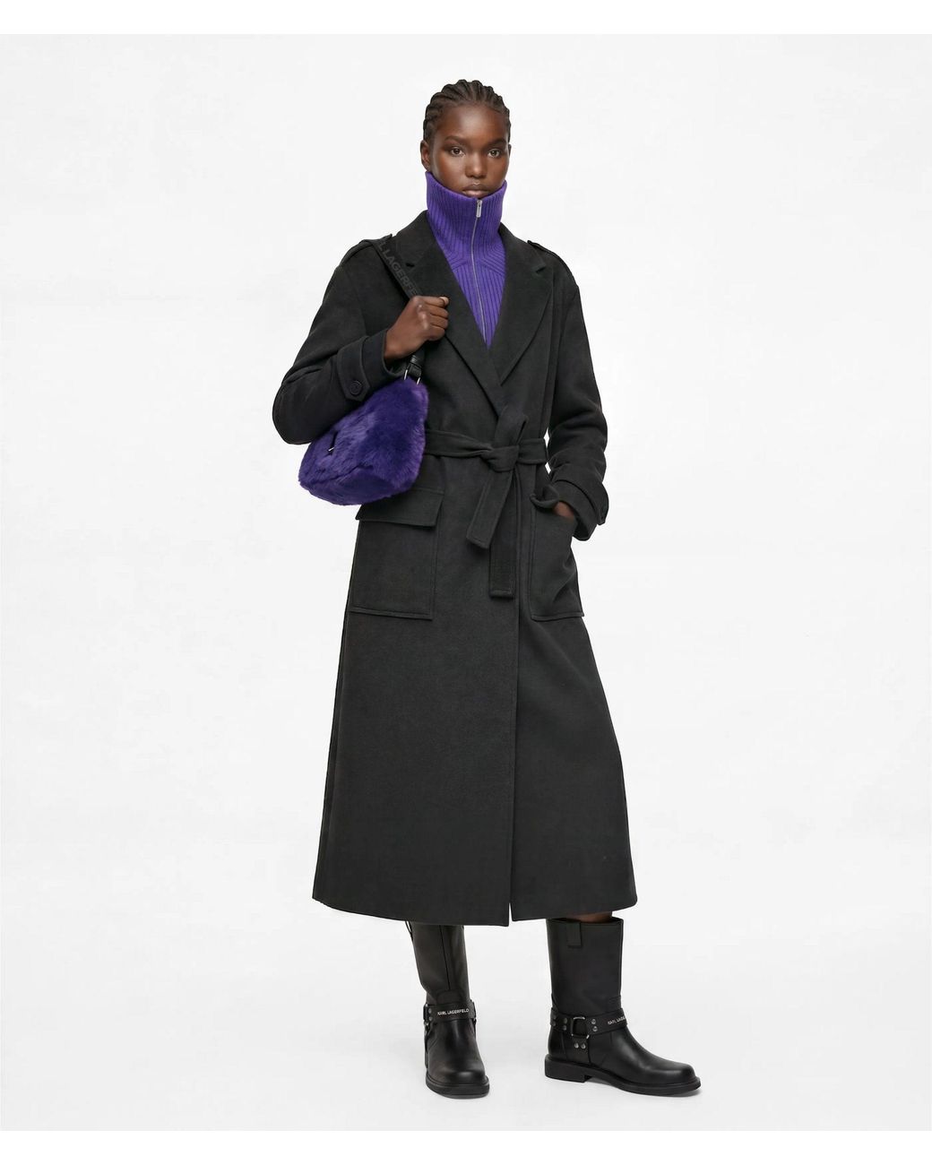 KL Jeans Black Wool-Blend Wrap Coat