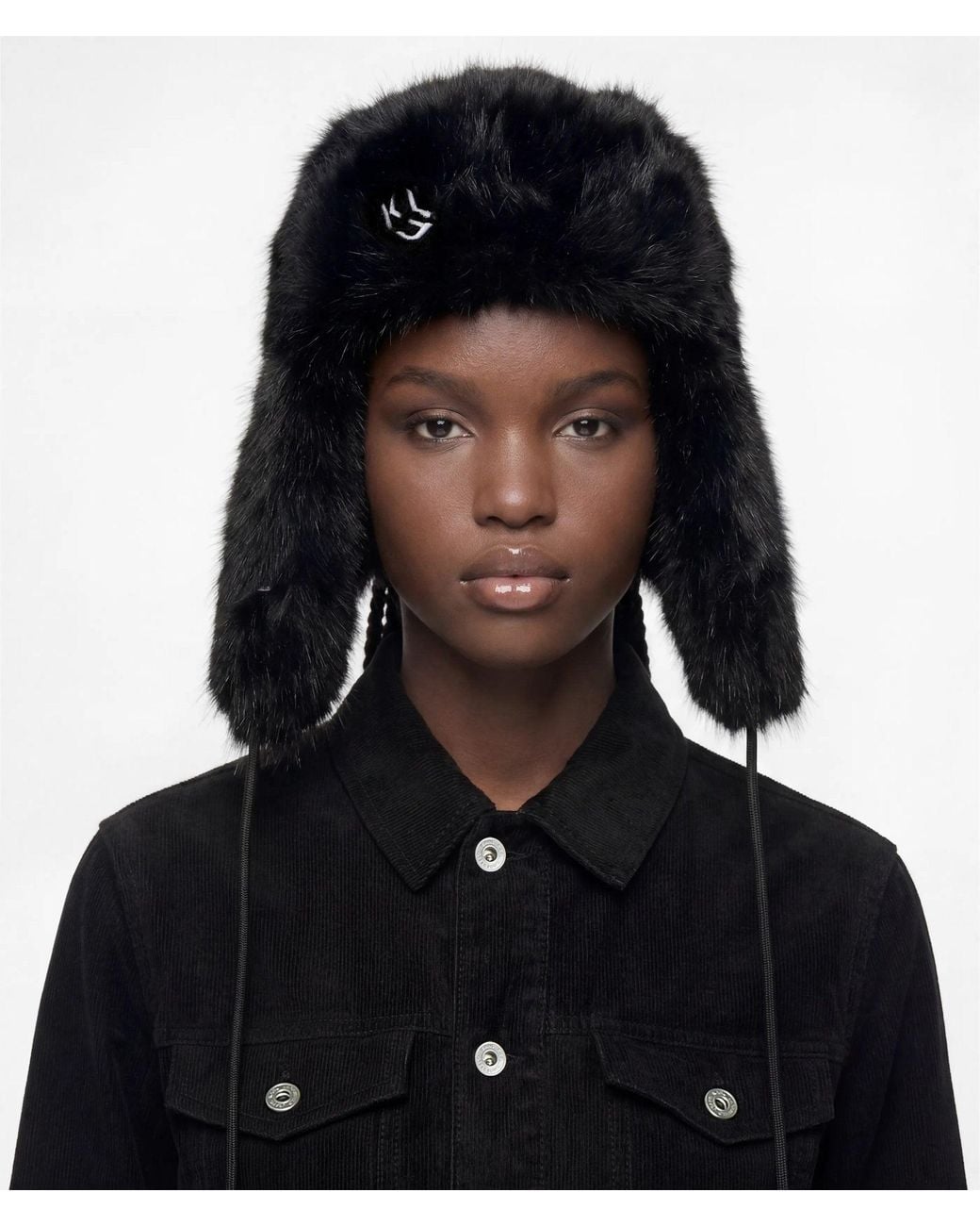 KL Jeans Black Monogram Faux-Fur Trapper Cap