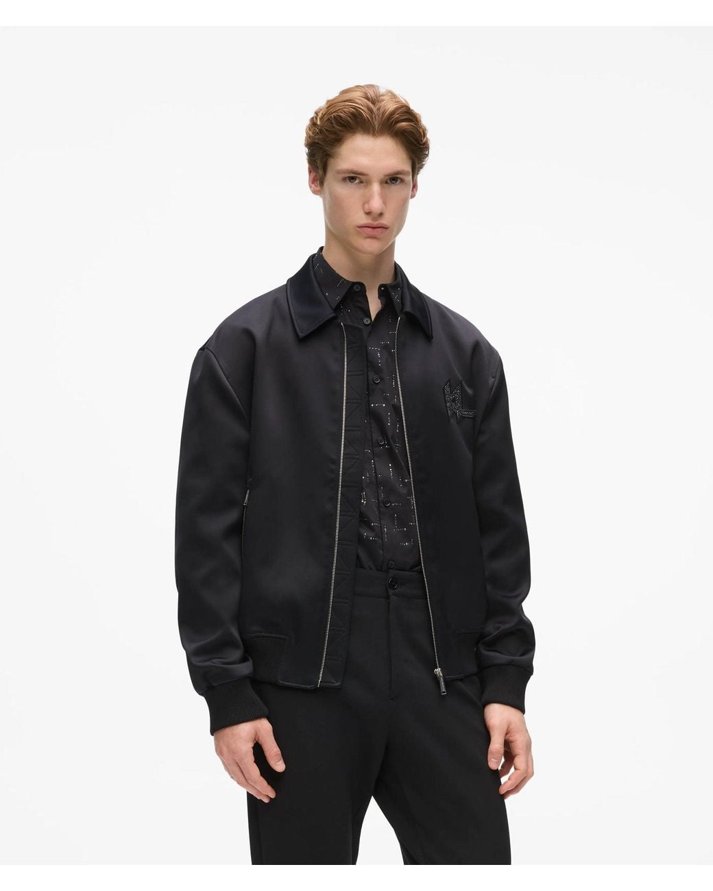 Karl Lagerfeld Black Monogram Satin Bomber Jacket for men