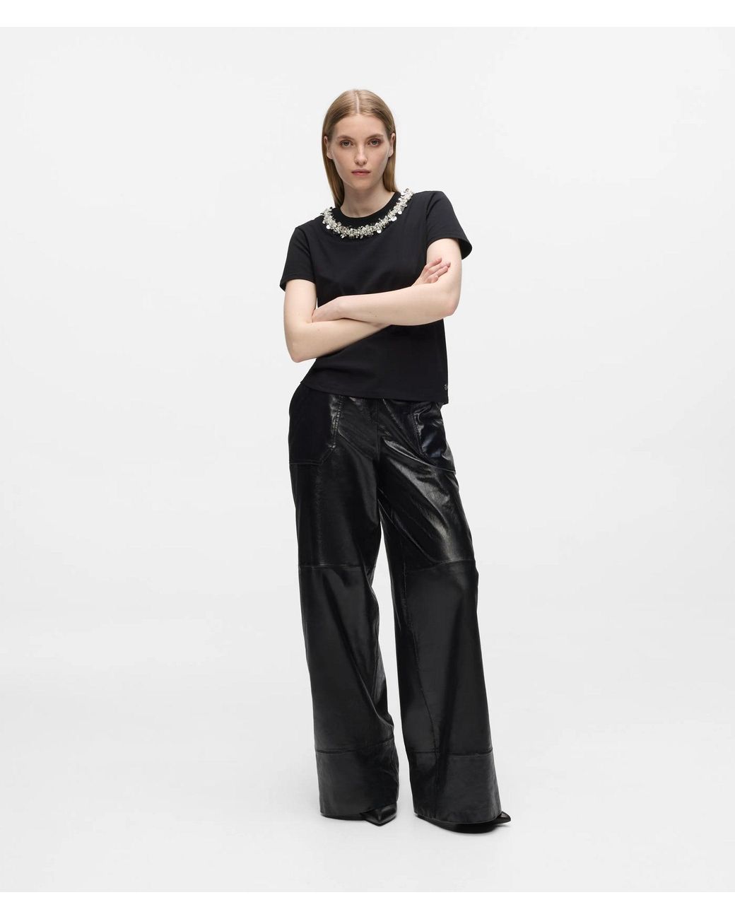 Karl Lagerfeld Black Beaded Collar T-Shirt
