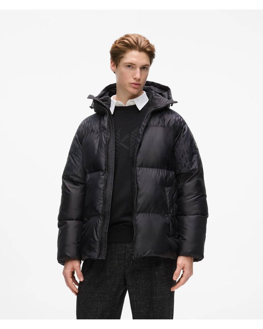 Karl Lagerfeld Black Monogram Panel Puffer Jacket for men