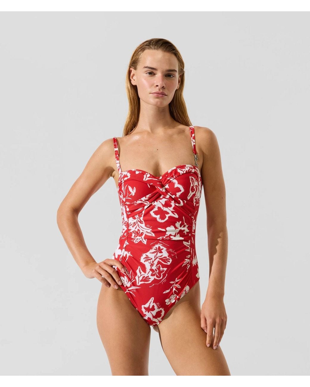 Karl Lagerfeld Red Signature Twist-Front Swimsuit