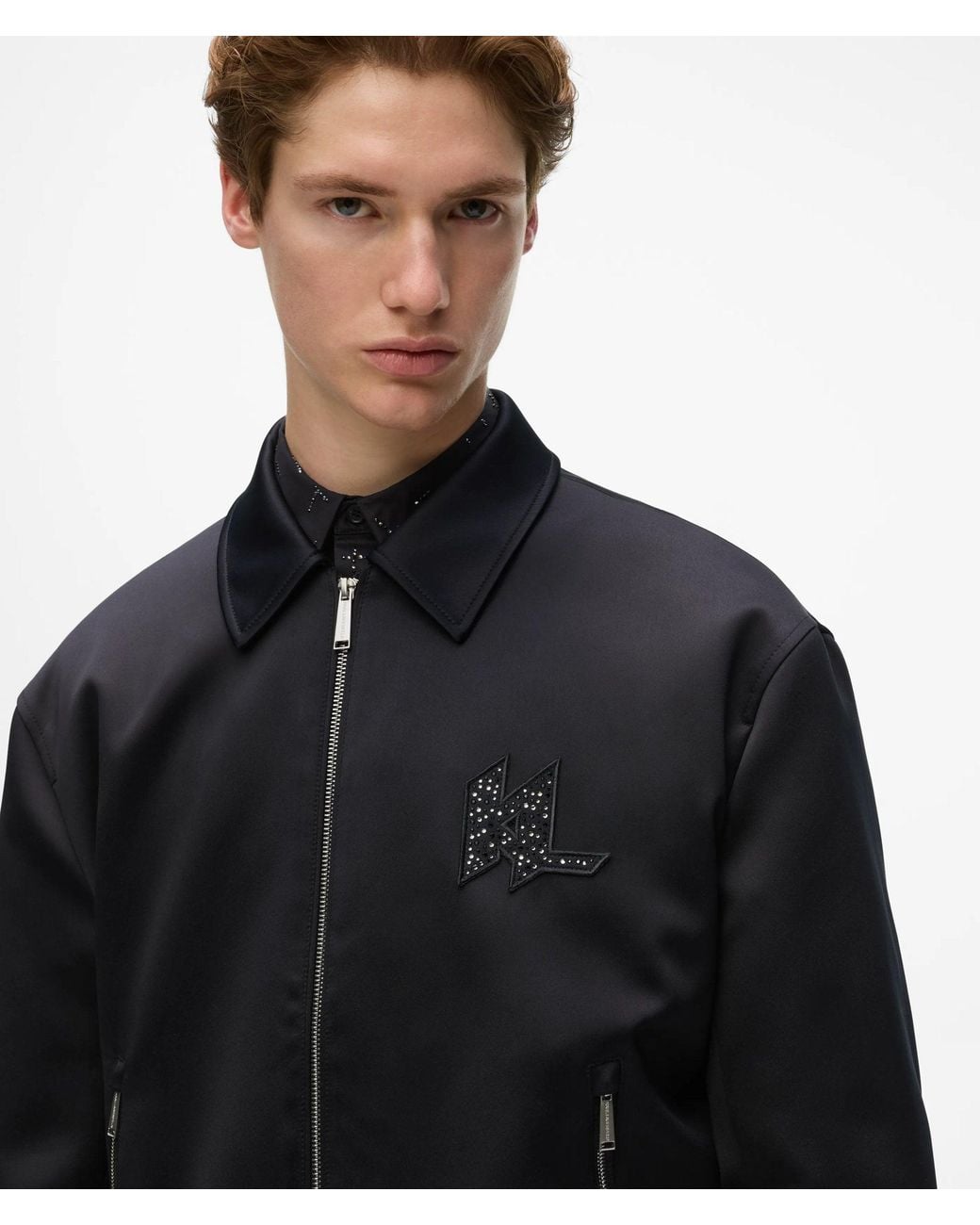 Karl Lagerfeld Black Monogram Satin Bomber Jacket for men
