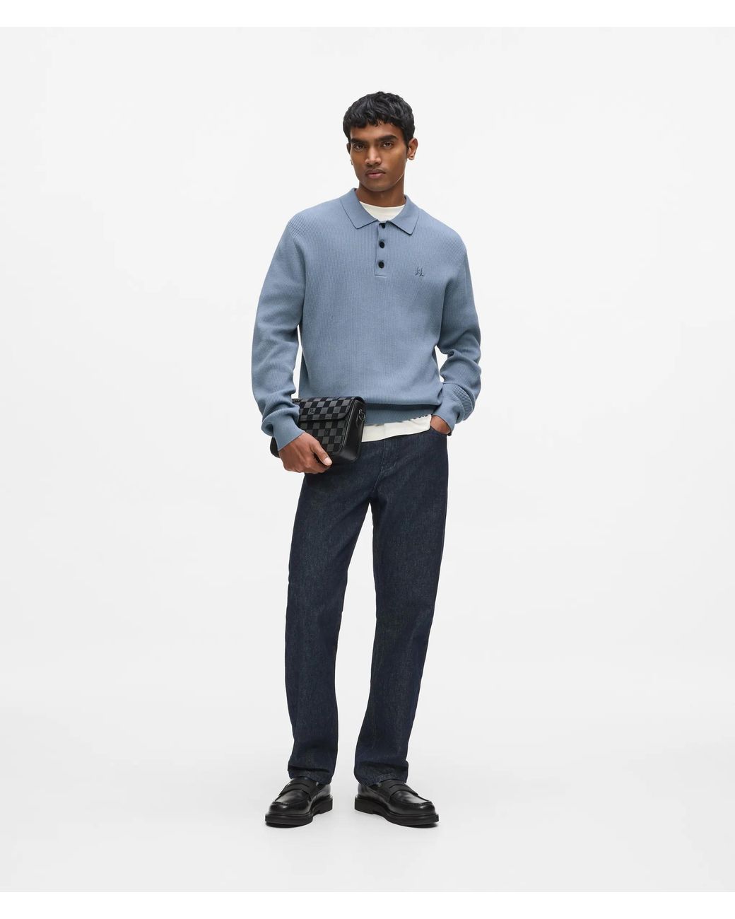 Karl Lagerfeld Blue Rib Knit Long-Sleeved Polo Shirt for men