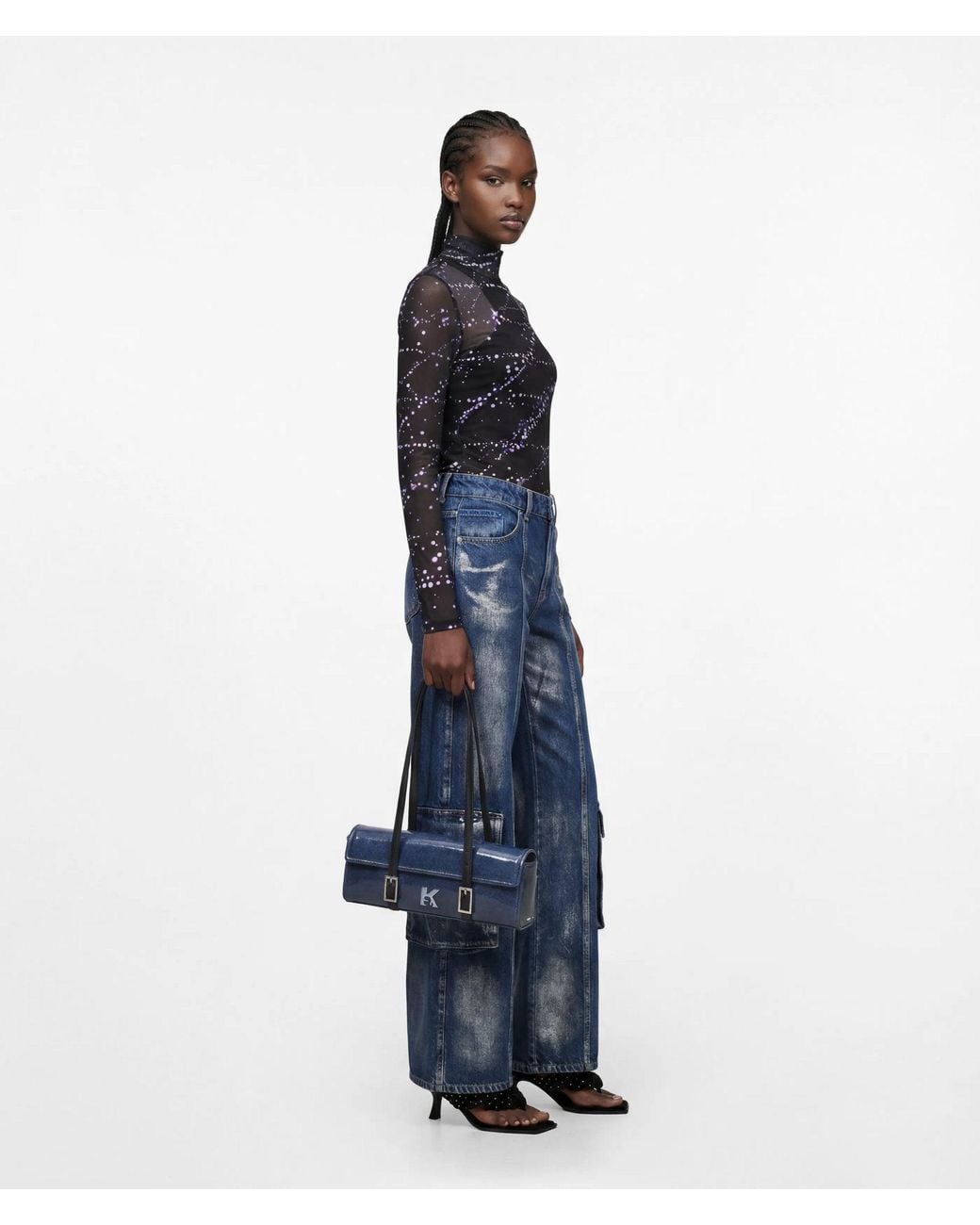 KL Jeans Blue K Logo Denim Elongated Shoulder Bag