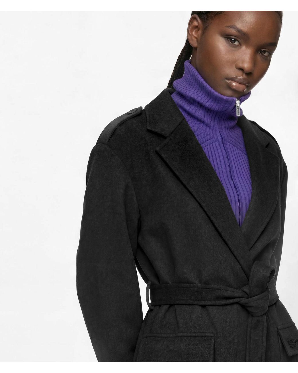 KL Jeans Black Wool-Blend Wrap Coat