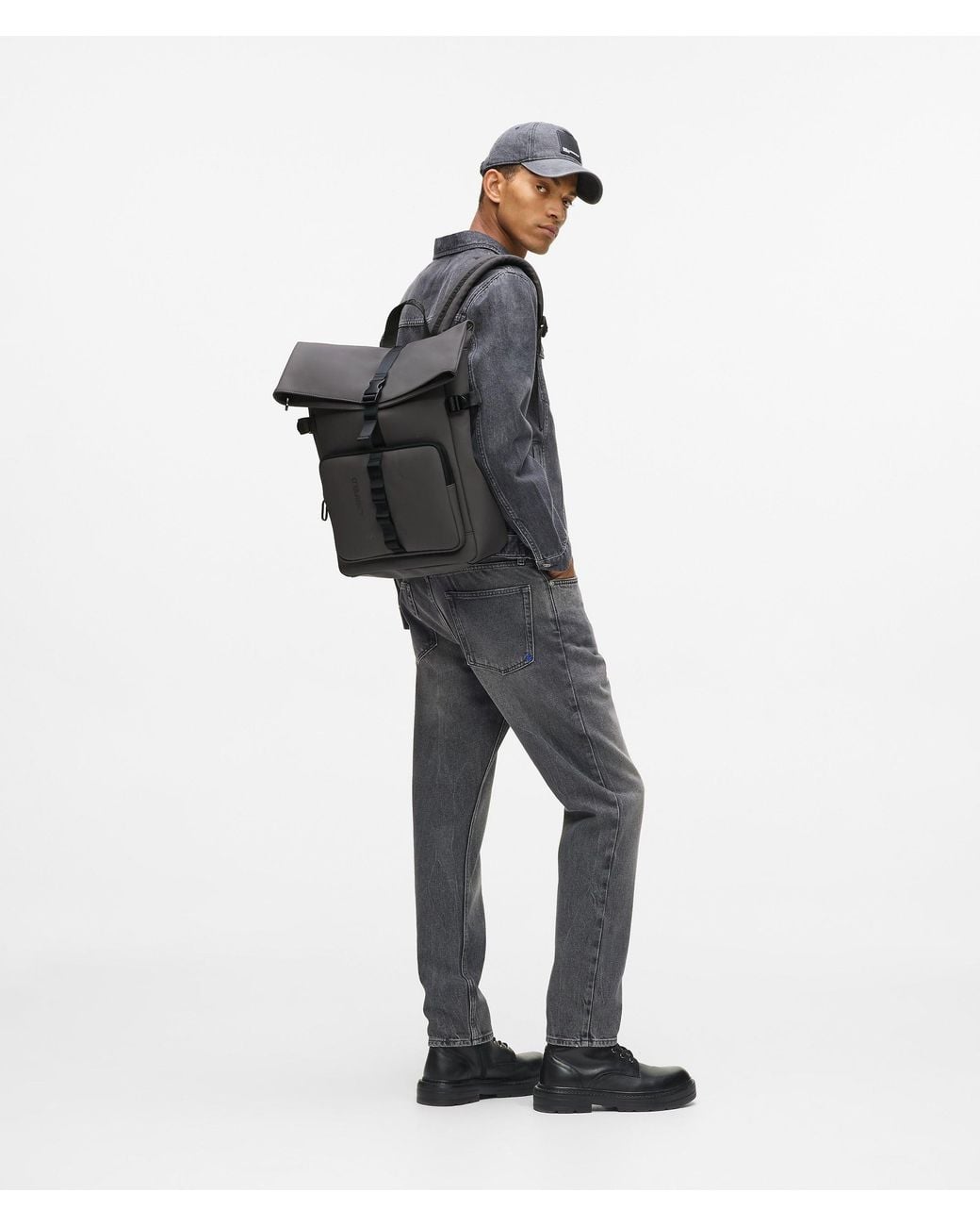 KL Jeans Black Roll Top Strap Backpack for men
