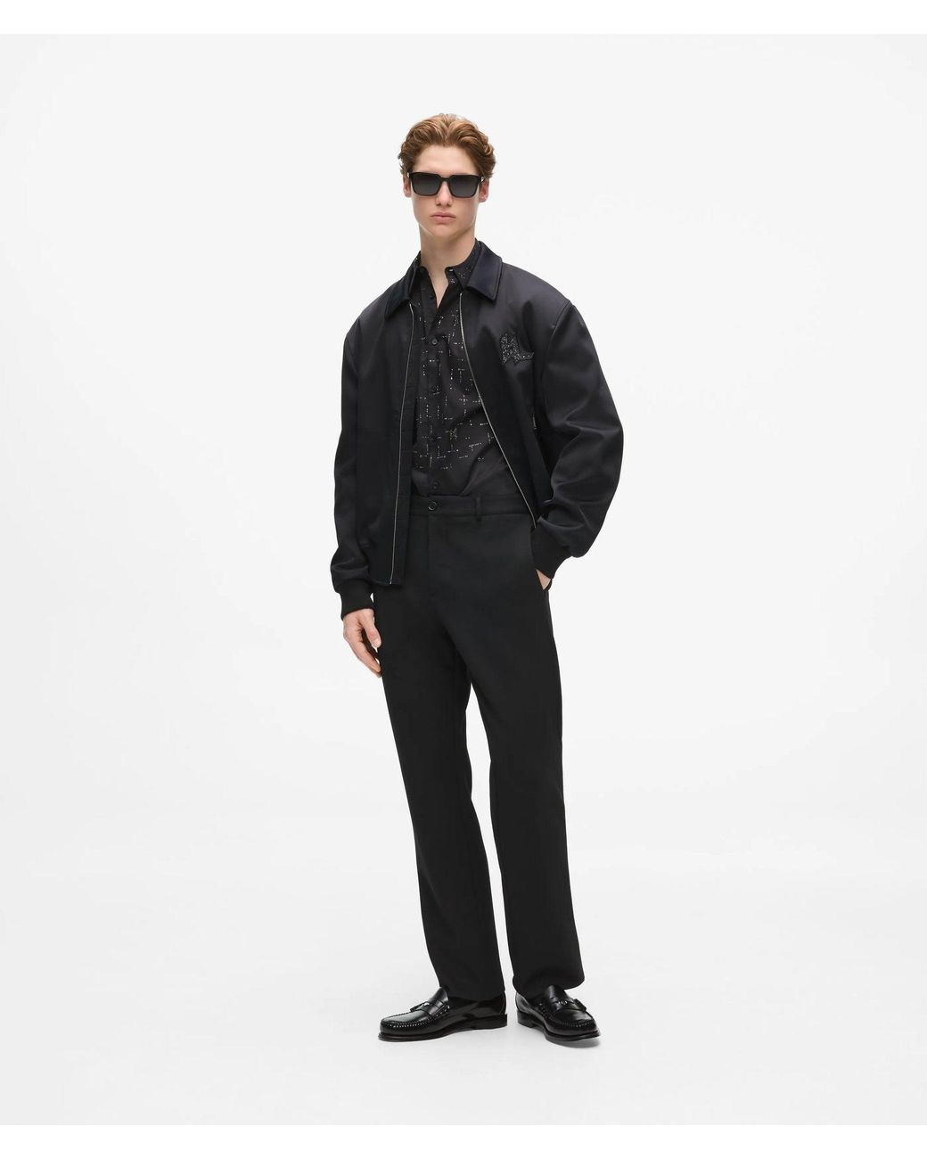 Karl Lagerfeld Black Monogram Satin Bomber Jacket for men