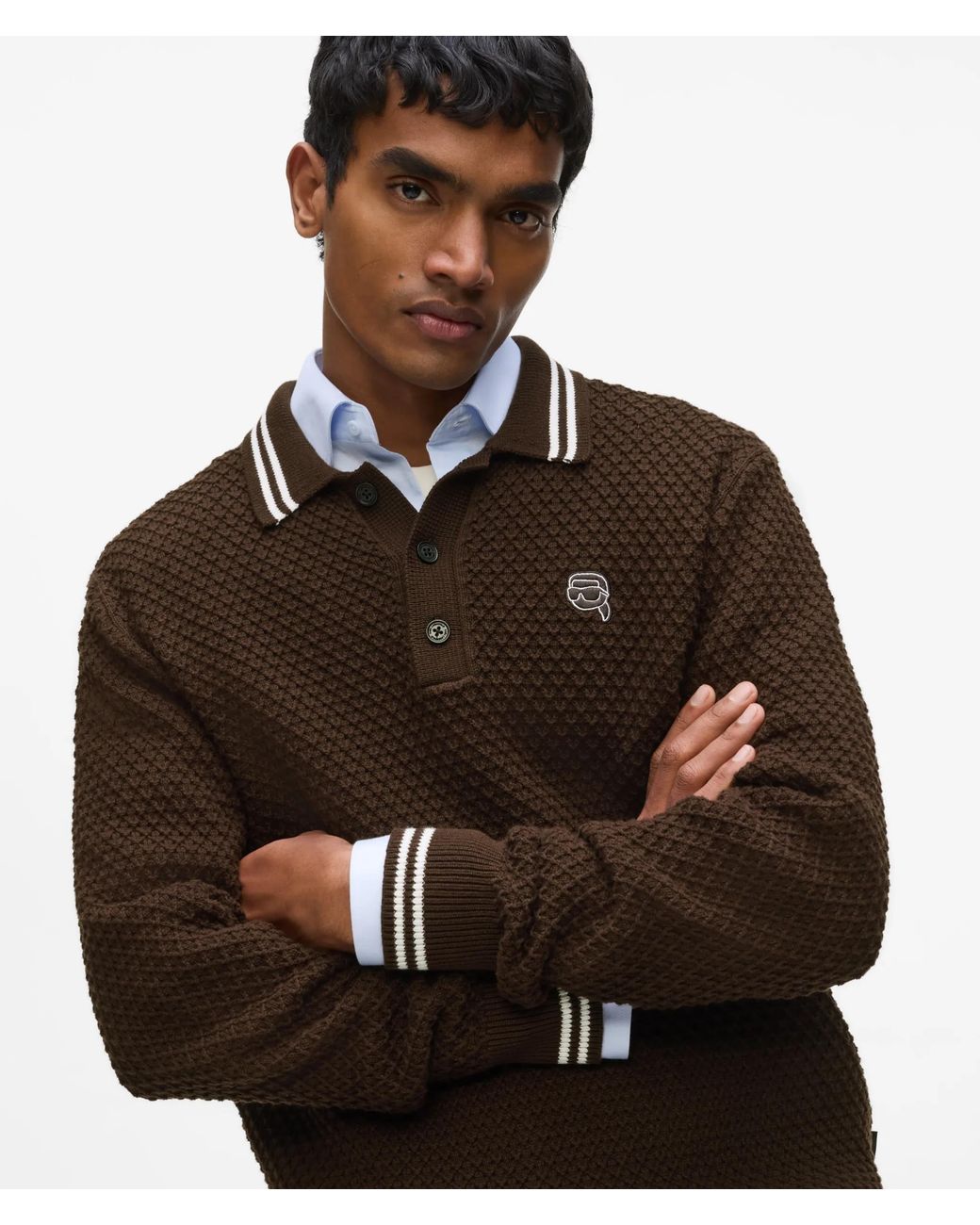 Karl Lagerfeld Brown Ikon Long-Sleeved Knit Polo Shirt for men