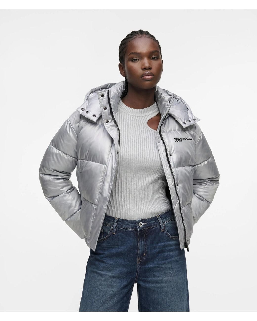 KL Jeans Gray Cropped Shiny Puffer Jacket