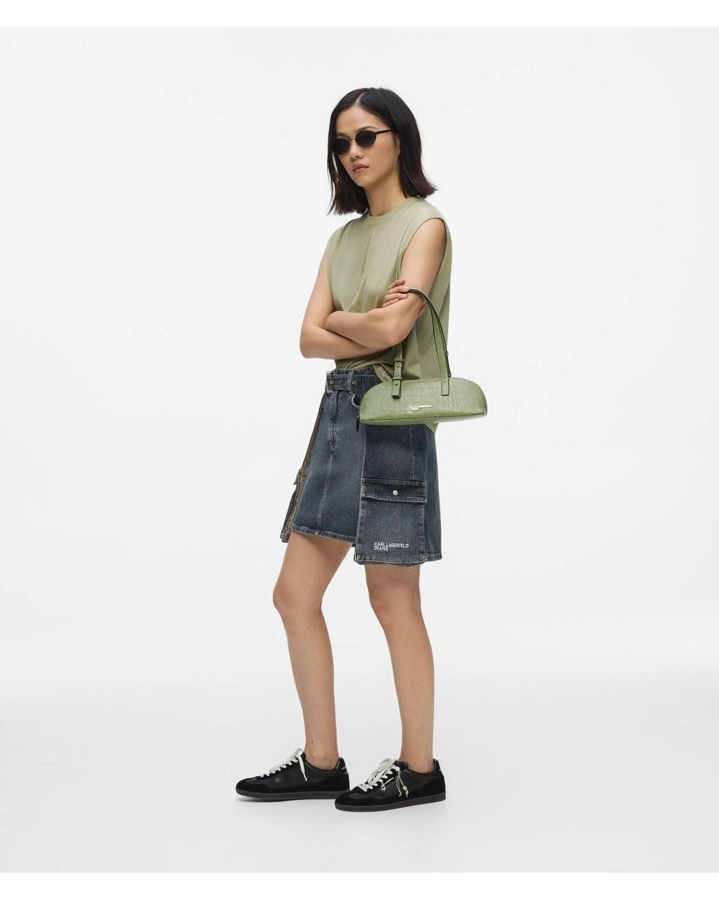 KL Jeans Green Croco Elongated Shoulder Bag