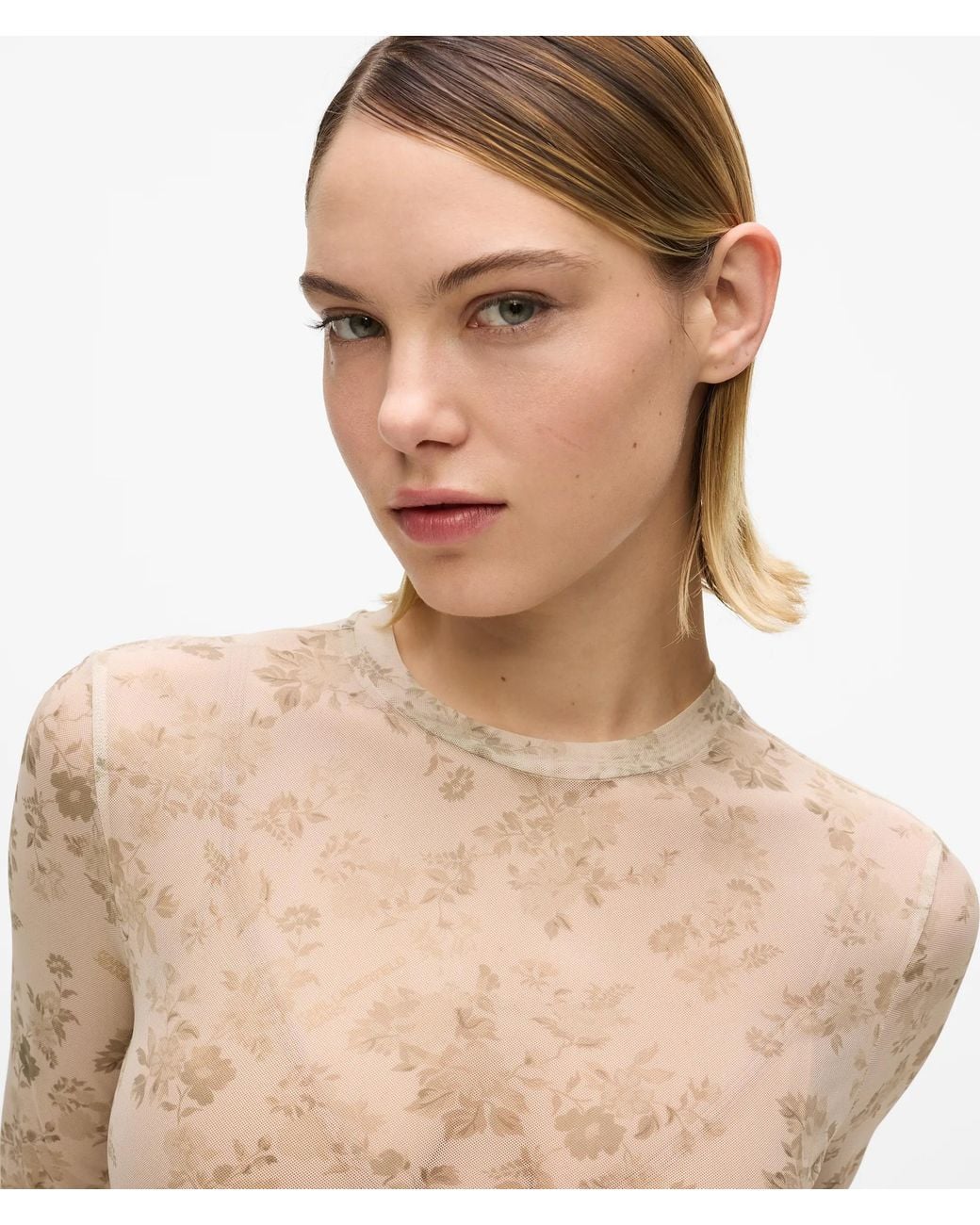 KL Jeans Natural Long-Sleeved Floral Mesh T-Shirt