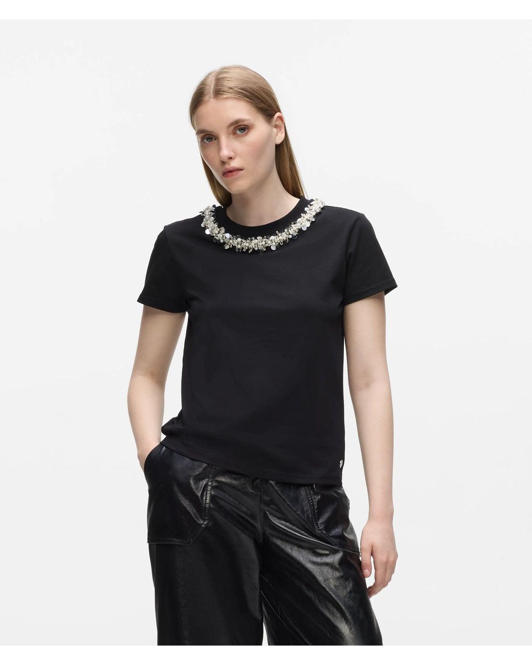 Karl Lagerfeld Black Beaded Collar T-Shirt