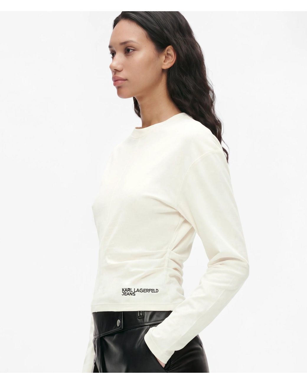 KL Jeans White Long-Sleeved Gathered T-Shirt
