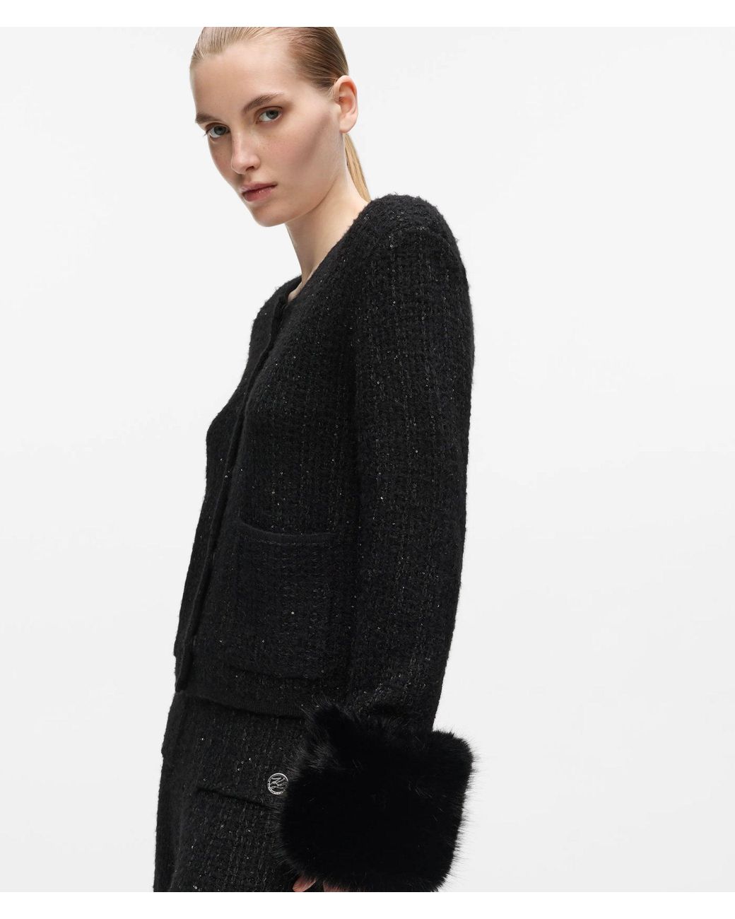 Karl Lagerfeld Black Faux-Fur Knitted Cardigan