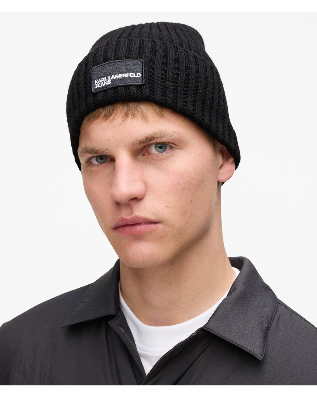 KL Jeans Black Logo Patch Beanie for men