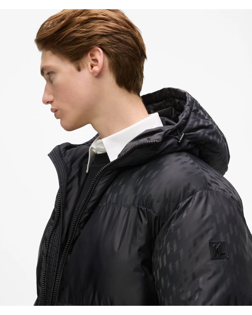 Karl Lagerfeld Black Monogram Panel Puffer Jacket for men