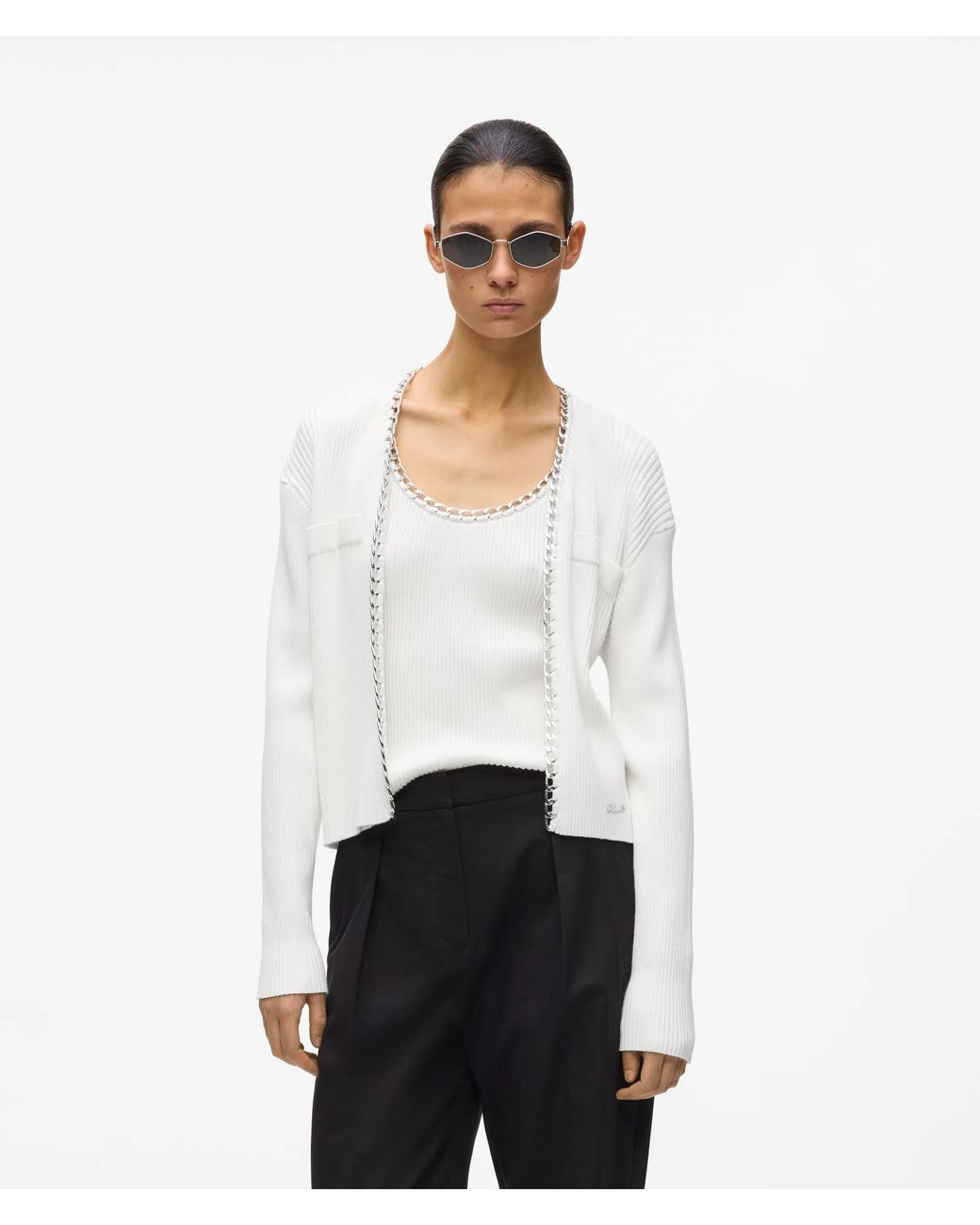 Karl Lagerfeld White Chain Detail Knit Cardigan