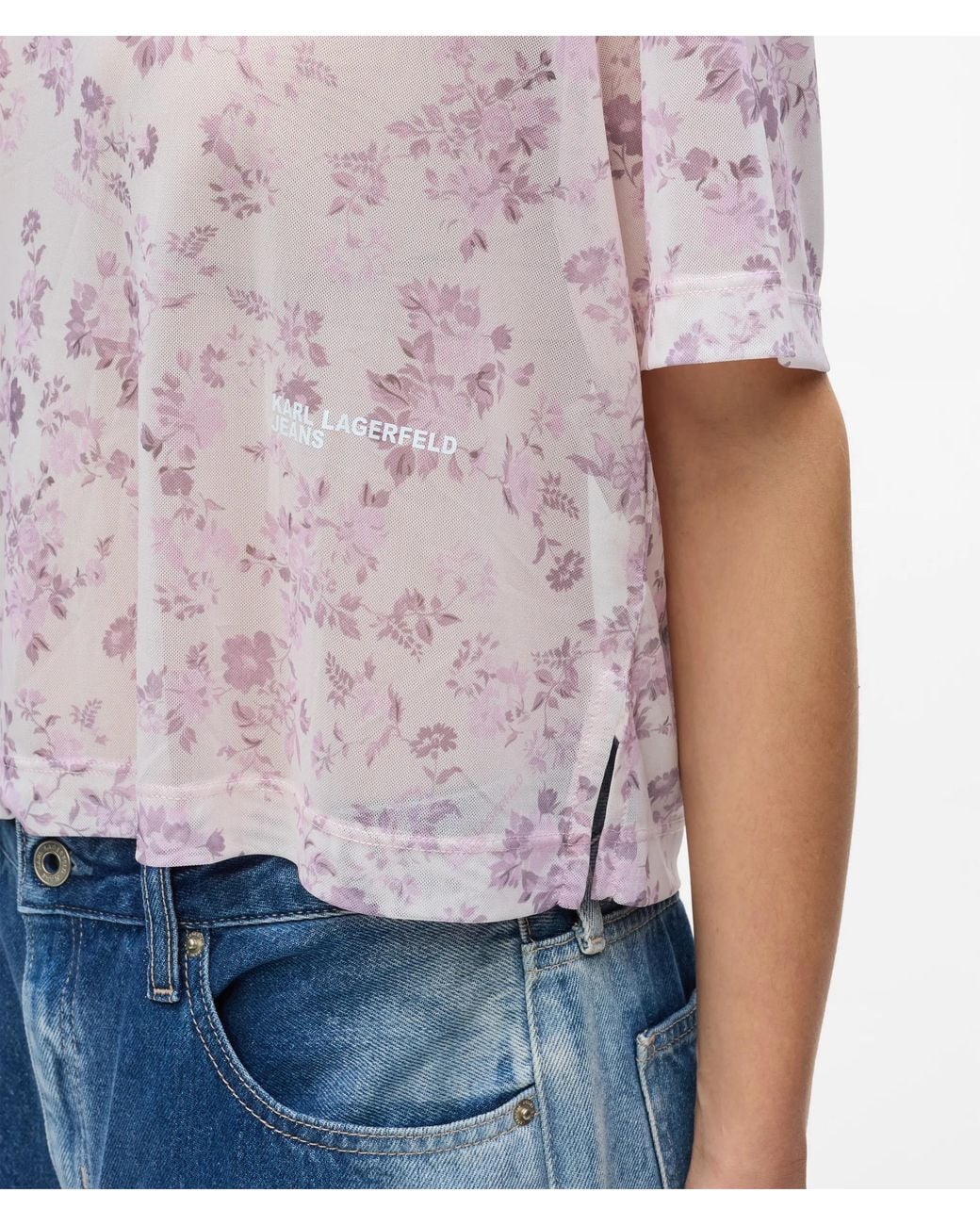 KL Jeans White Short-Sleeved Floral Mesh T-Shirt