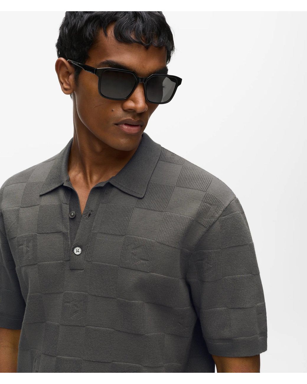 Karl Lagerfeld Gray Monogram Checked Polo Shirt for men