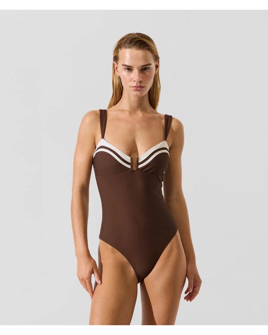 Karl Lagerfeld Brown Signature Contrast Trim Swimsuit