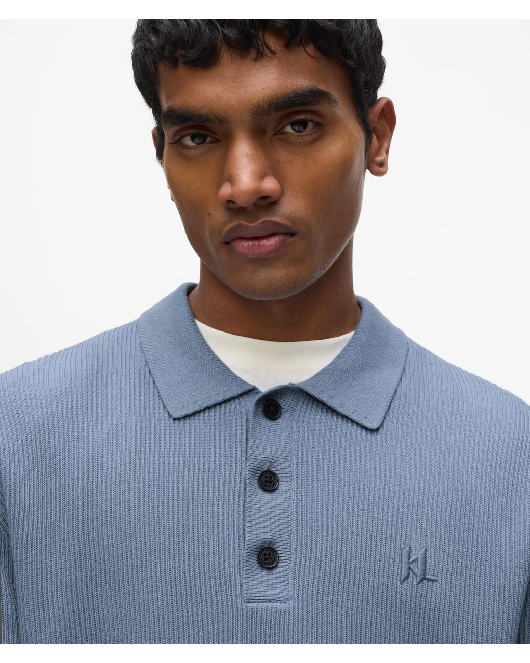 Karl Lagerfeld Blue Rib Knit Long-Sleeved Polo Shirt for men