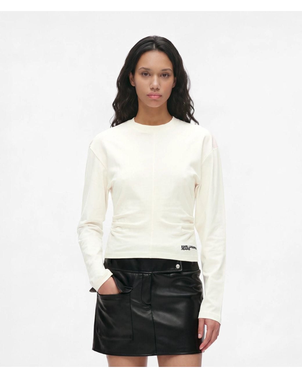 KL Jeans White Long-Sleeved Gathered T-Shirt