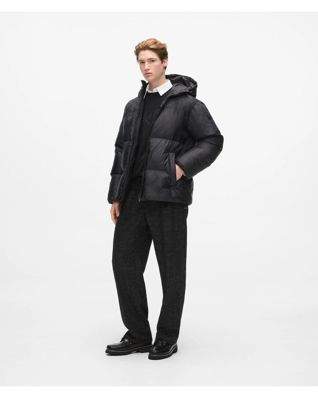 Karl Lagerfeld Black Monogram Panel Puffer Jacket for men