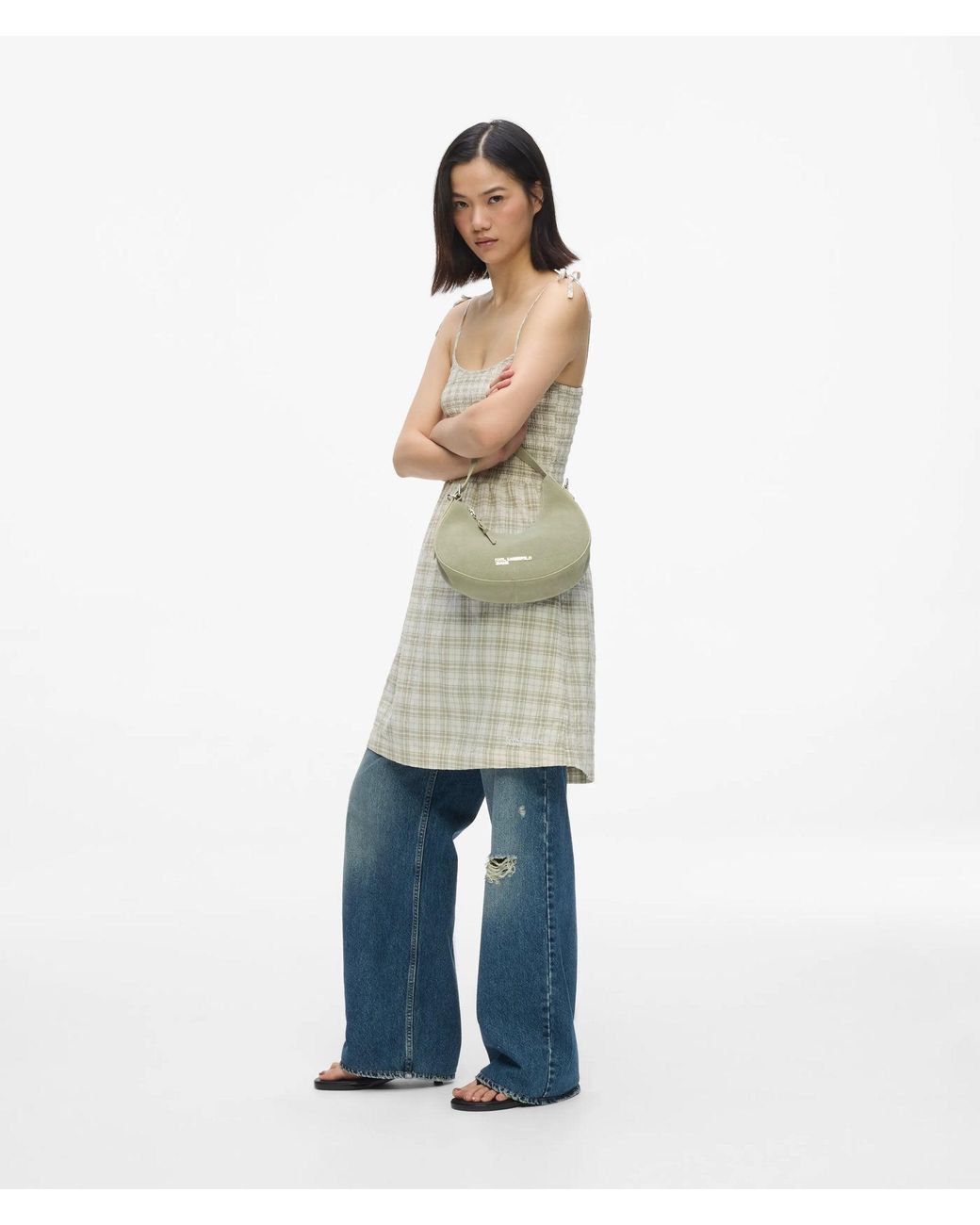 KL Jeans Green Rounded Suede Top Handle Bag