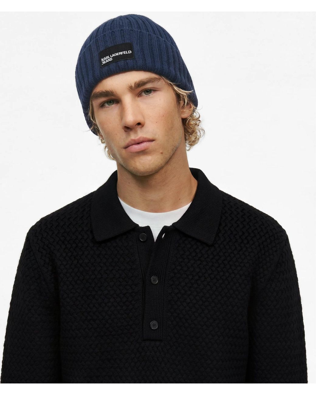 KL Jeans Blue Logo Patch Beanie for men