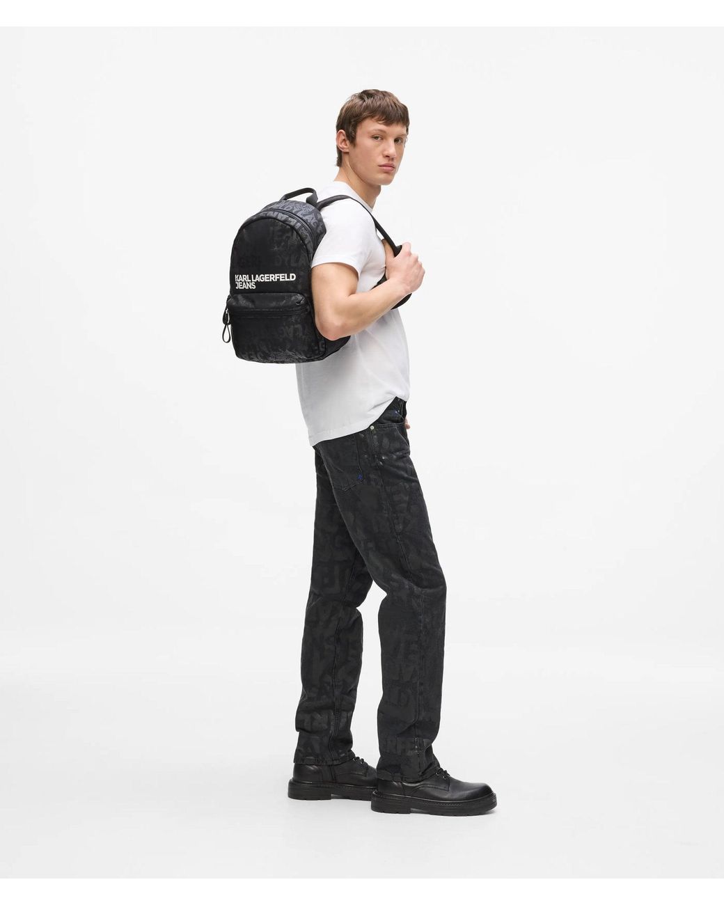 KL Jeans Black Nylon Graphic Print Backpack for men